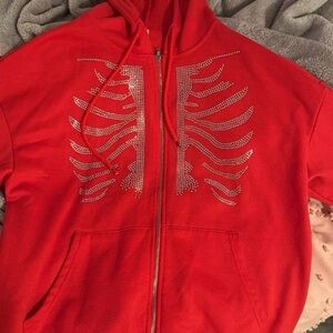 Red Rhinestone Rib Cage Zip Hoodie